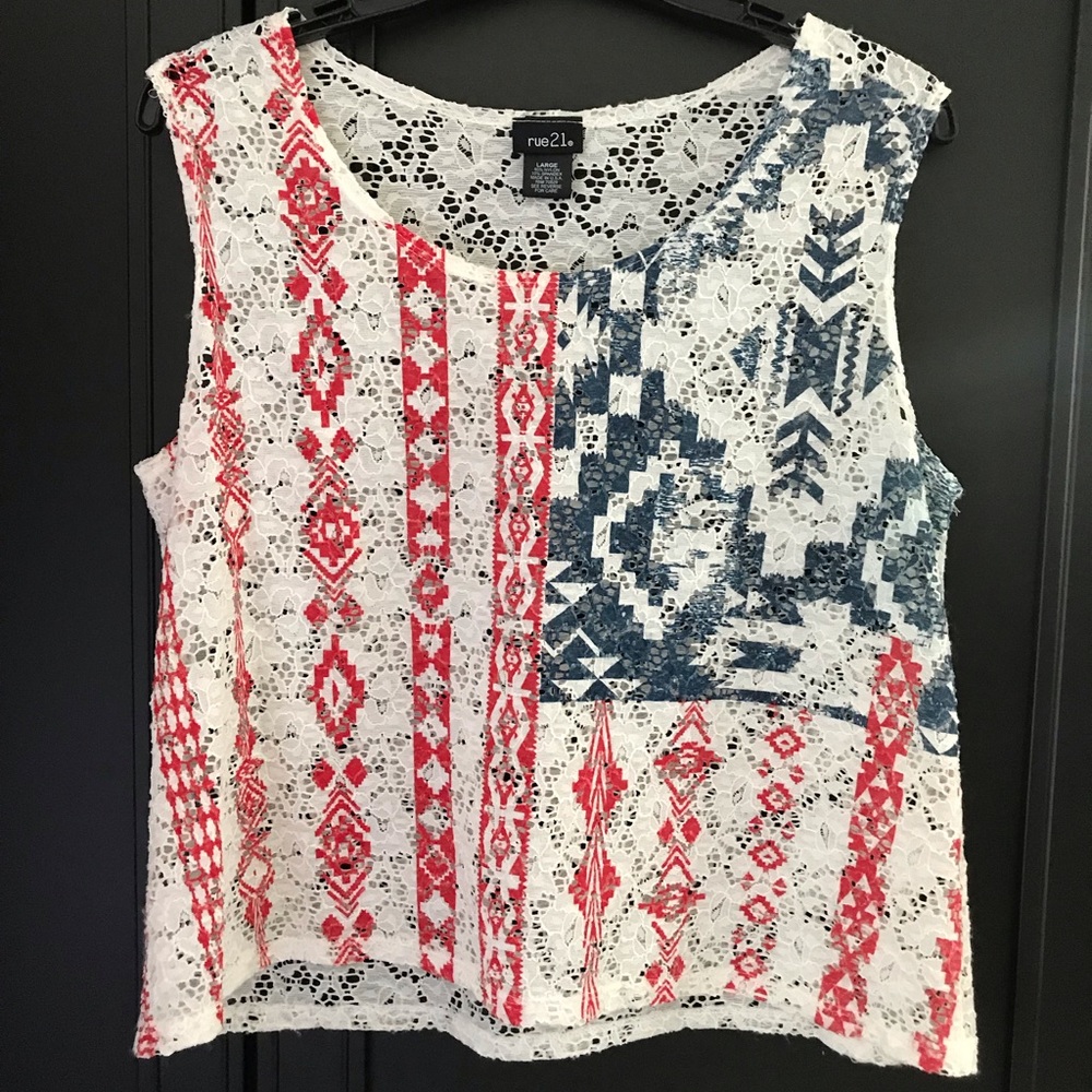 Rue21- Cropped Aztec style American Flag Tank
